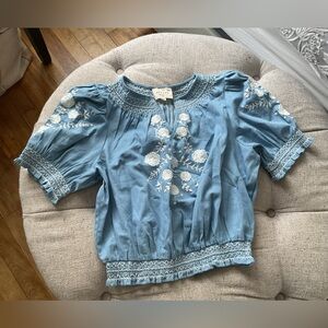 Sézane Blue Embroidered Blouse